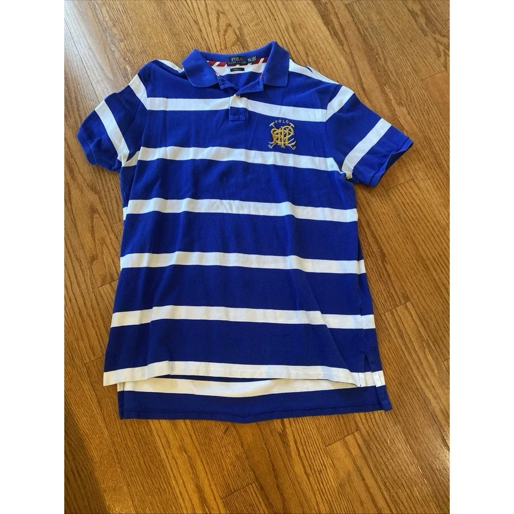 Polo Ralph Lauren Large Logo Striped Polo Shirt Custom Fit 2XL Blue White